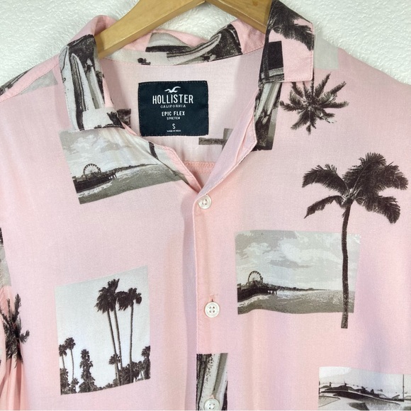 Hollister Mens Beach Shirt Small Pink Button Down Short Sleeve skatepark print - Picture 4 of 14